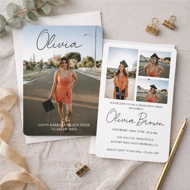 Invitation Modern Script Photo Collage Graduation Party (Créateur téléchargé)