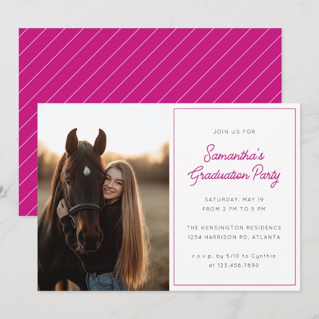 Invitation Modern Script Photo Hot Pink Graduation Party (Devant / Derrière)