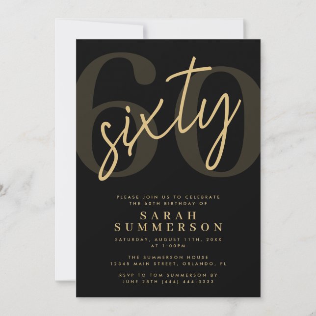 Invitation Modern Script Sixty Black Gold 60th Birthday Party (Devant)