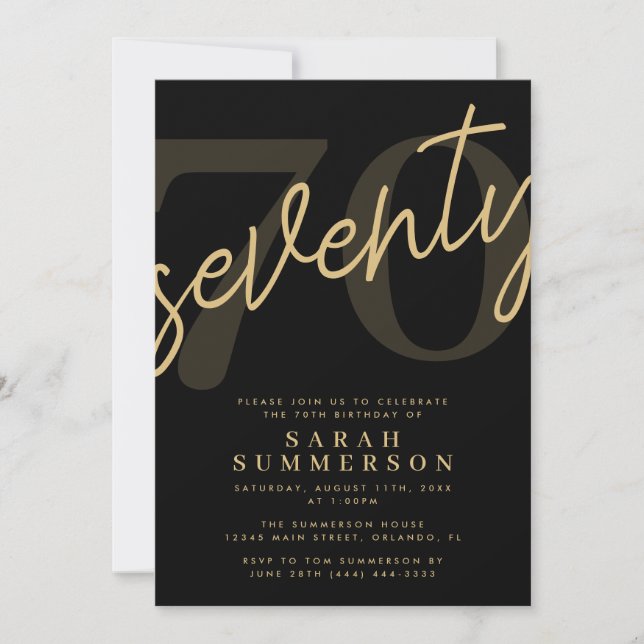 Invitation Modern Script Sixty Black Gold 70th Birthday Party (Devant)