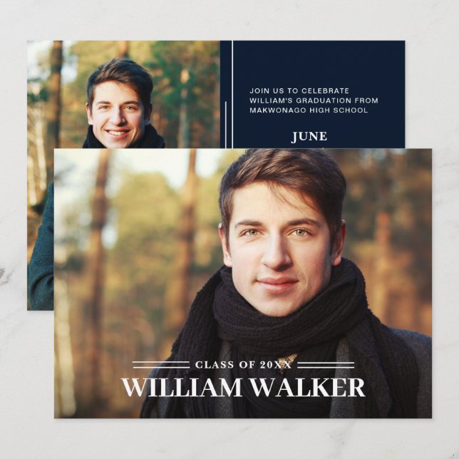 Invitation Modern Simple Navy 2 PHOTO Graduation Party (Devant / Derrière)