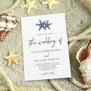 Invitation Modern Starfish Beach Nautical Navy Script Wedding