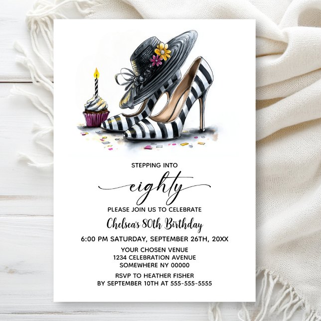 Invitation Modern Striped High Heel Shoes 80th Birthday (Créateur téléchargé)