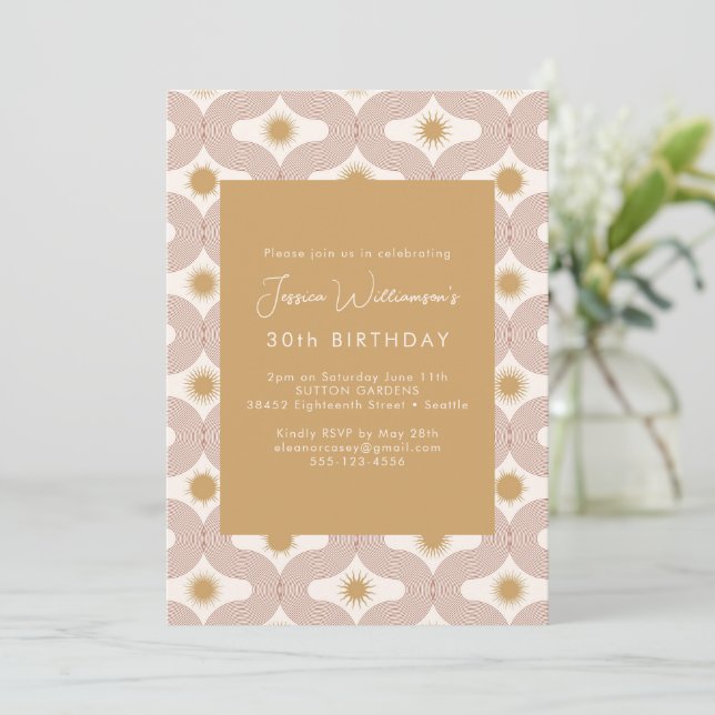 Invitation Modern Sun Moon Line Terracotta Gold 30th Birthday (Debout devant)