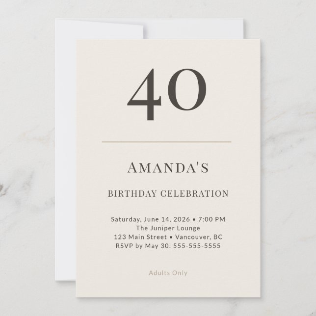 Invitation Modern Taupe & Cream 40th Birthday Celebration (Devant)