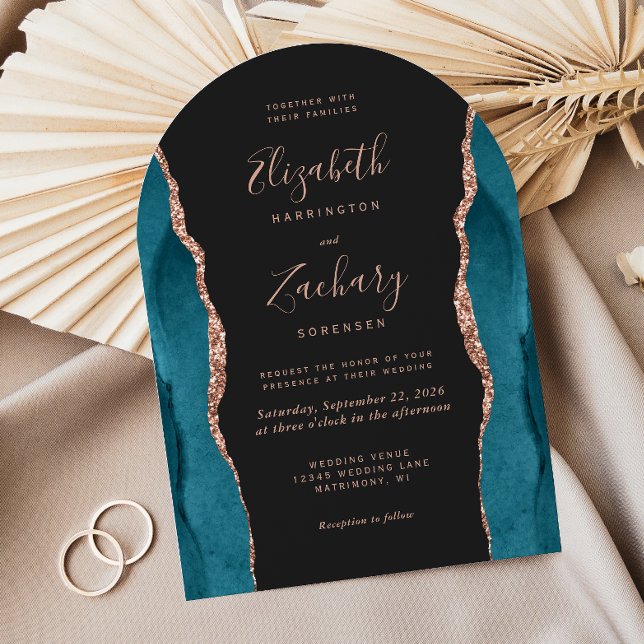 Invitation Modern Teal Rose Gold Agate Dark Arch Wedding (Créateur téléchargé)