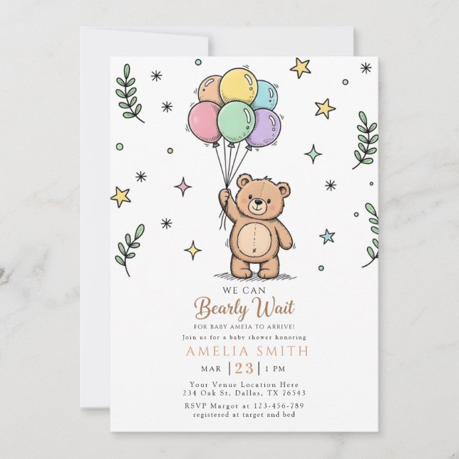 Invitation Modern Teddy bear Friendly baby shower (Devant)