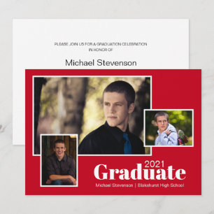 Invitation Modern Trois Photo Red and White Graduation Party