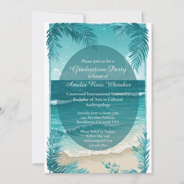 Invitation Modern Tropical Beach Turquoise Graduation Party  (Devant)
