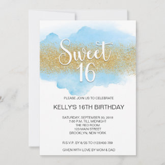 Invitation Modern Watercolor Blue Sweet 16 Sixteen