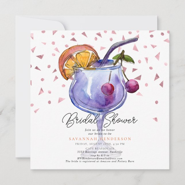 Invitation Modern Watercolor Cocktail Bridal Shower  (Devant)