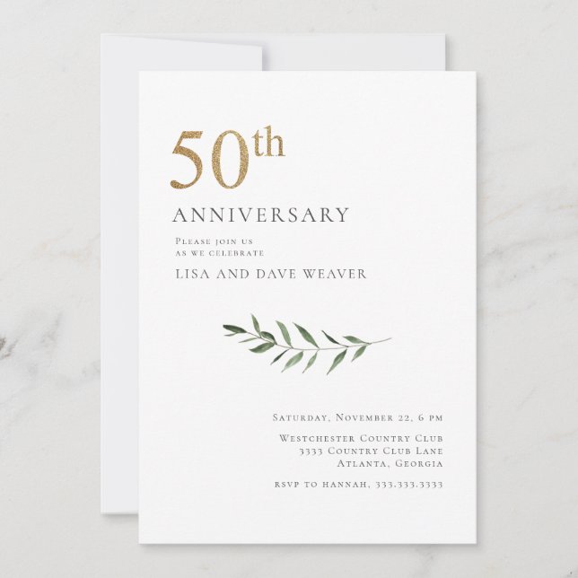 Invitation Modern Watercolor Greenery Gold 50e Anniversaire (Devant)