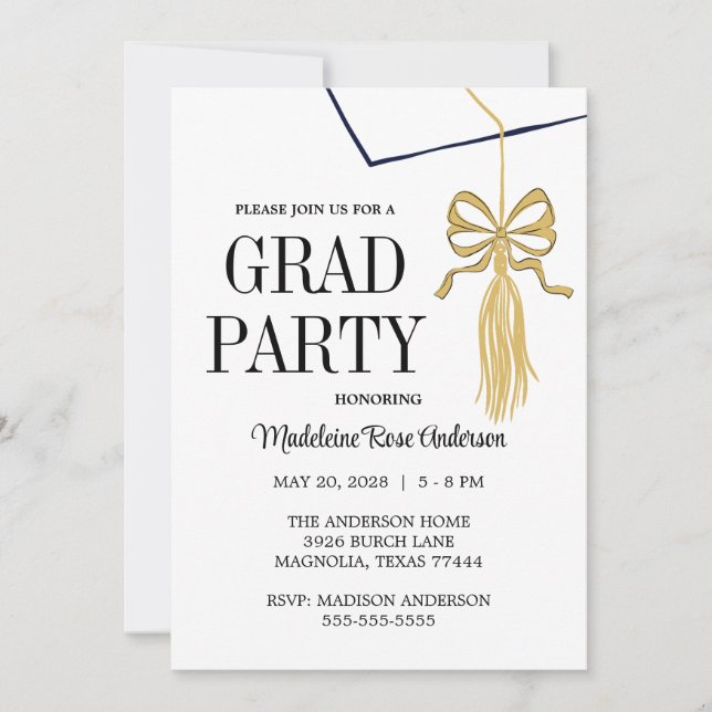 Invitation Modern Whimsical Gold Black Graduation Cap (Devant)
