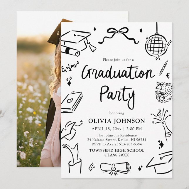 Invitation Modern Whimsical Hand Drawn Bow Graduation Party (Devant / Derrière)
