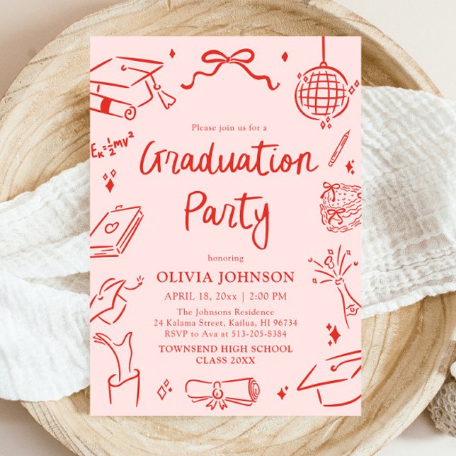 Invitation Modern Whimsical Hand Drawn Bow Graduation Party (Modern Whimsical Hand Drawn Bow Graduation Party Invitation)
