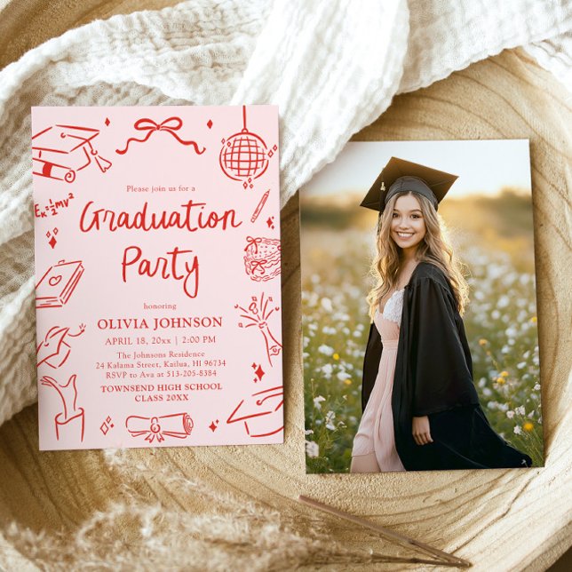 Invitation Modern Whimsical Hand Drawn Bow Graduation Party (Modern Whimsical Hand Drawn Bow Graduation Party Invitation)