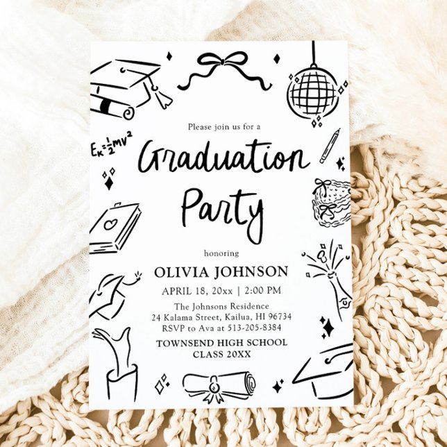 Invitation Modern Whimsical Hand Drawn Bow Graduation Party (Modern Whimsical Hand Drawn Bow Graduation Party Invitation)