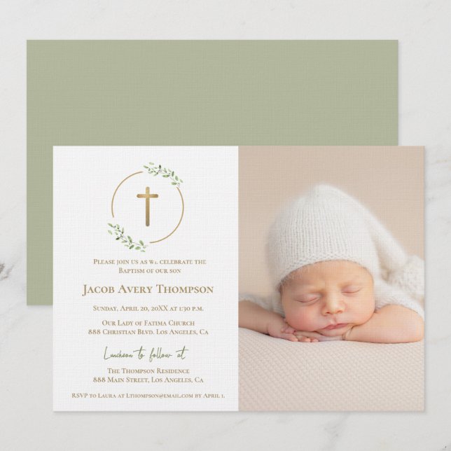 Invitation Modern Wreath Gold Cross Baby baptism Photo green (Devant / Derrière)