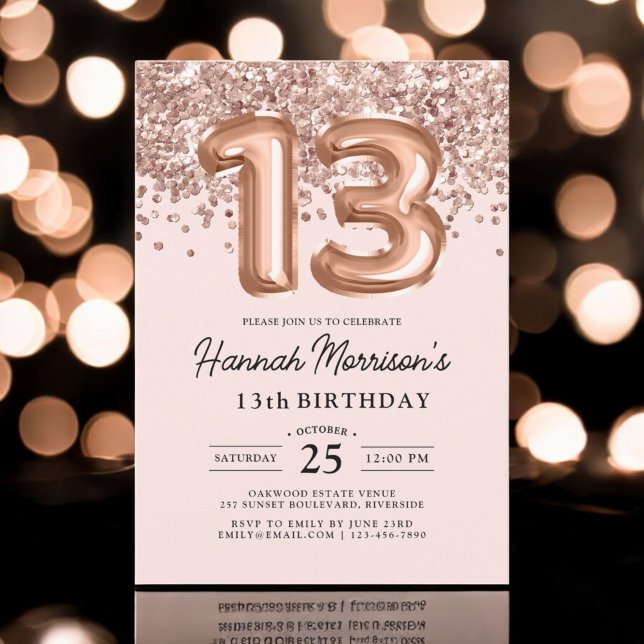 Invitation Moderne 13ème anniversaire Rose Gold Balloons Part (Créateur téléchargé)