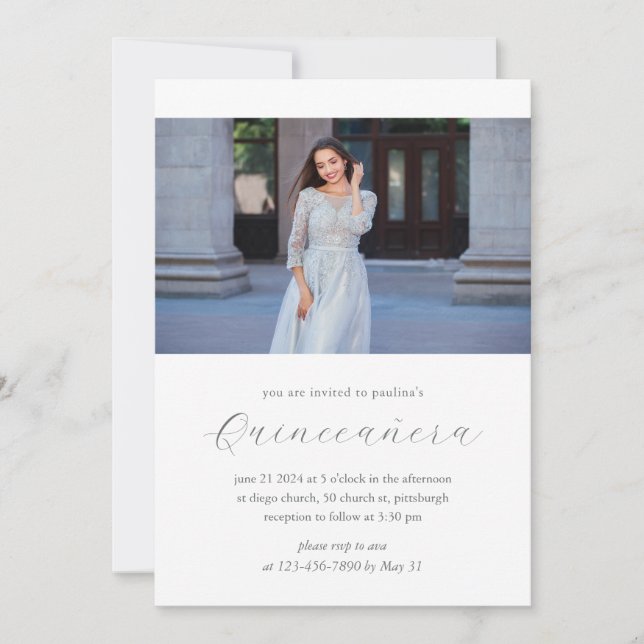 Invitation Moderne 15 Anniversaire Quinceañera Photo Blanc (Devant)