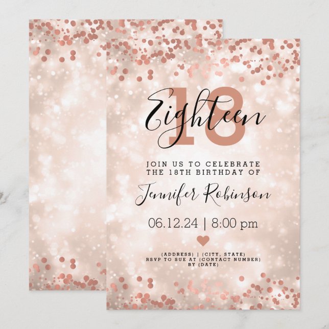 Invitation Moderne 18e anniversaire Rose de fête Gold Sparkle (Devant / Derrière)