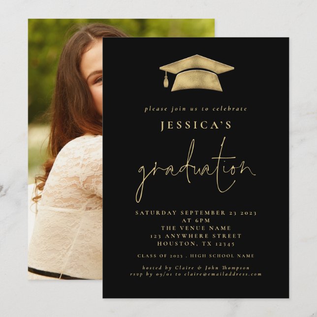 Invitation Moderne 2024 Graduation Photo Gold Casquette noir  (Devant / Derrière)