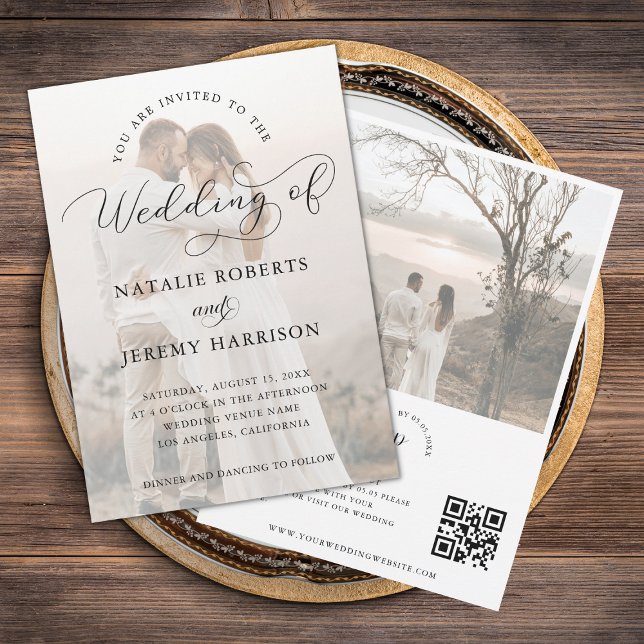 Invitation Moderne 2 Faded Photo Script Code QR Mariage Décon (Créateur téléchargé)