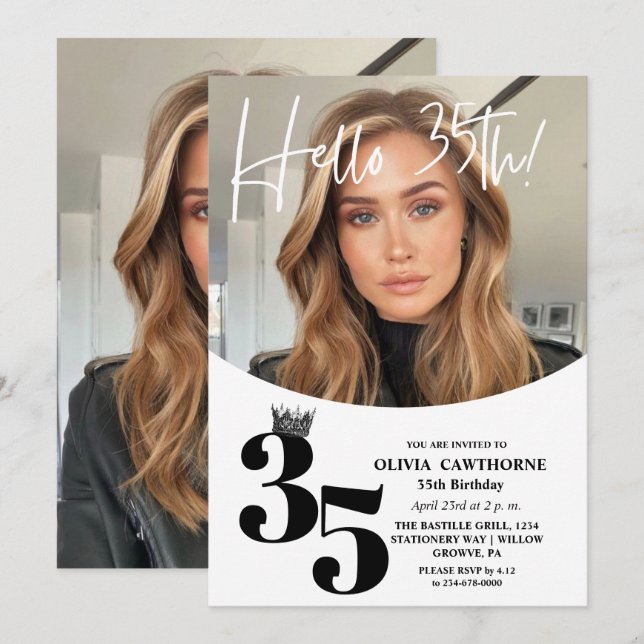 Invitation Moderne 2 Photo 35e anniversaire Blanc Noir (Devant / Derrière)