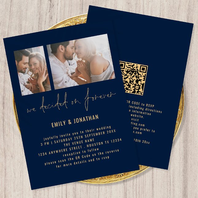 Invitation Moderne 2 Photo QR Code Marine Mariage or (Créateur téléchargé)