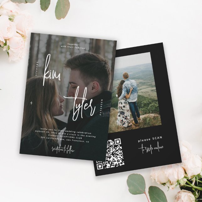 Invitation Moderne 2 photos QR CODE noms de script mariage (Créateur téléchargé)