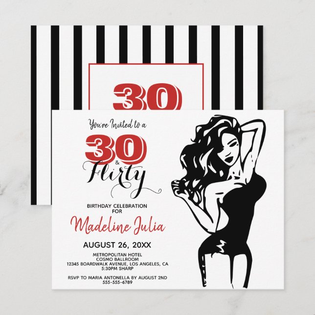 Invitation Moderne 30 & FLIRTY 30e anniversaire Black & Red I (Devant / Derrière)