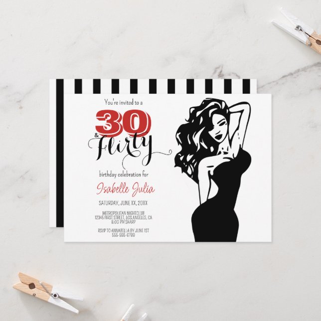 Invitation Moderne 30 & FLIRTY 30e anniversaire Noir & Rouge (Devant/Arrière en situation)