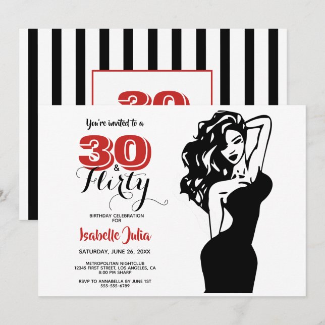 Invitation Moderne 30 & FLIRTY 30e anniversaire Noir & Rouge (Devant / Derrière)