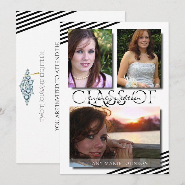 Invitation Moderne 3 Photo Black Stripes Graduation Party (Devant / Derrière)