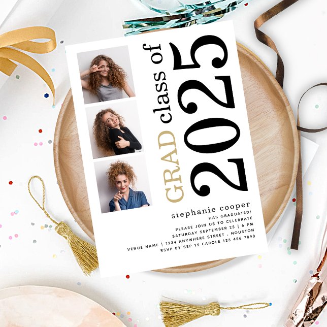Invitation Moderne 3 photo Bold 2023 Graduation blanche (front view)