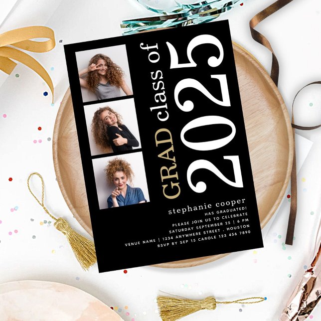 Invitation Moderne 3 photo Bold 2025 Black Graduation (front view)