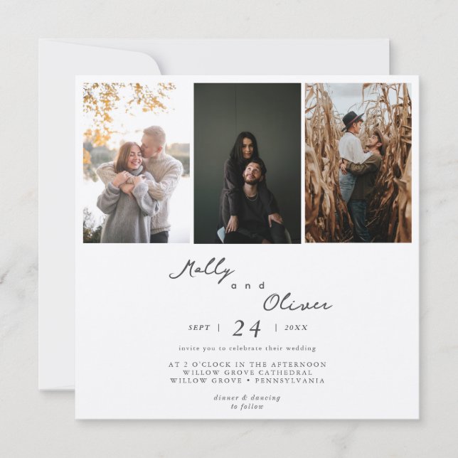 Invitation Moderne 3 Photos Champagne Shimmer Mariage (Devant)