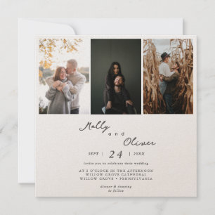 Invitation Moderne 3 Photos Champagne Shimmer Mariage