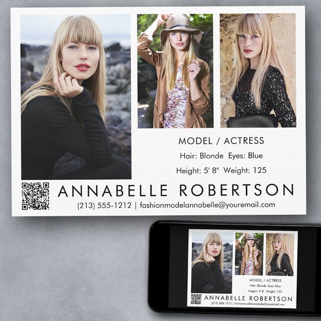 Invitation Moderne 3 Photos QR Code Modèle et Actor Comp Card (Customize to change background color, text size, style or to add more photos to back of card.)
