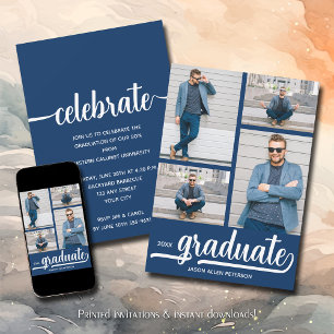 Invitation Moderne 4 Photo Collage Bleu Graduation
