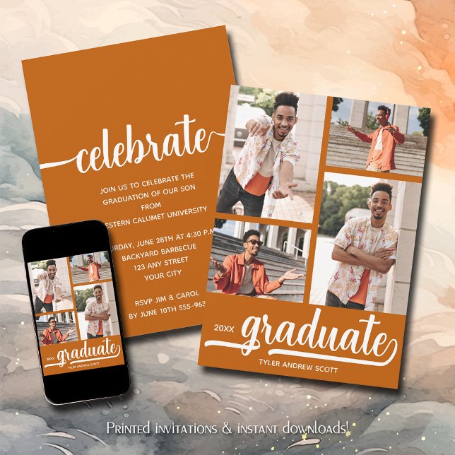 Invitation Moderne 4 Photo Collage Brûlé Orange Graduation (Modern 4 photo collage burnt orange graduation party invitations)