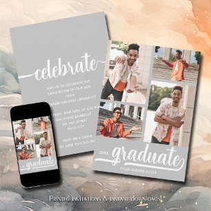 Invitation Moderne 4 Photo Collage Gris Graduation