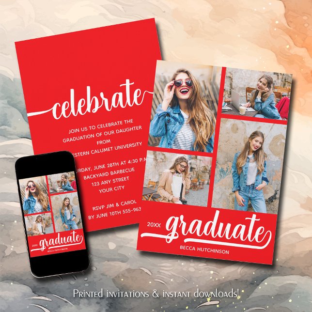 Invitation Moderne 4 Photo Collage Red Graduation (Modern 4 photo collage red graduation party invitations)