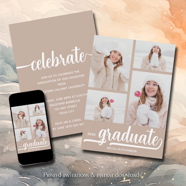Invitation Moderne 4 Photo Collage Taupe Graduation (Modern 4 photo collage taupe-beige graduation party invitations)