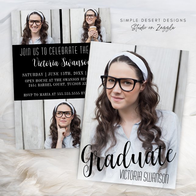 Invitation Moderne 4 Photo noir et blanc Graduation (Modern Black and White Signature Graduation Announcement with Photo Collage & Elegant Script)