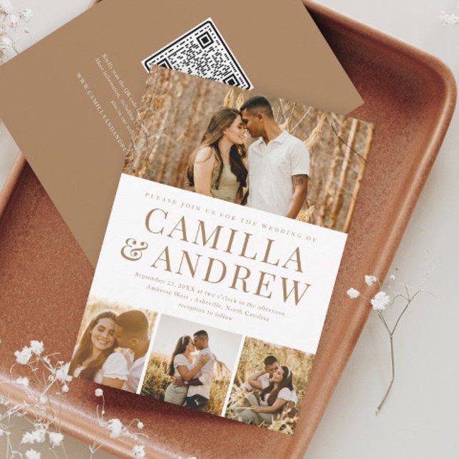 Invitation Moderne 4 Photo QR Code Rsvp Mariage élégant (A modern typography 4 photo  wedding invitation. The back has a QR Code for guests to easily RSVP.)