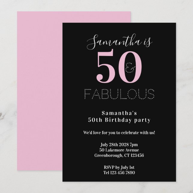 Invitation Moderne 50 Fabuleux 50e anniversaire Black Pink Pa (Devant / Derrière)