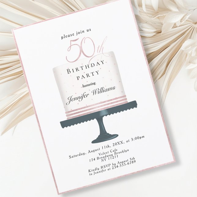 Invitation Moderne, 50e anniversaire (Modern, elegant, luxury, white & pink, 50. birthday invitation with cake illustration.)