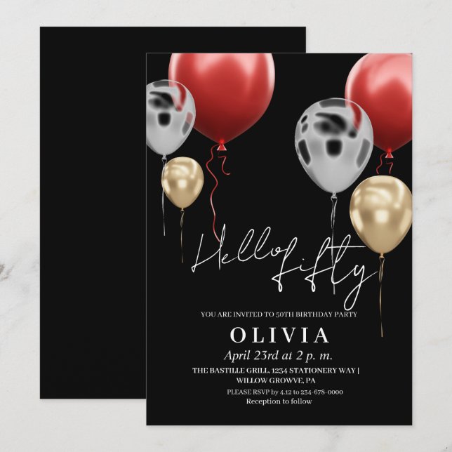 Invitation Moderne 50e anniversaire Black Silver Red Balloons (Devant / Derrière)