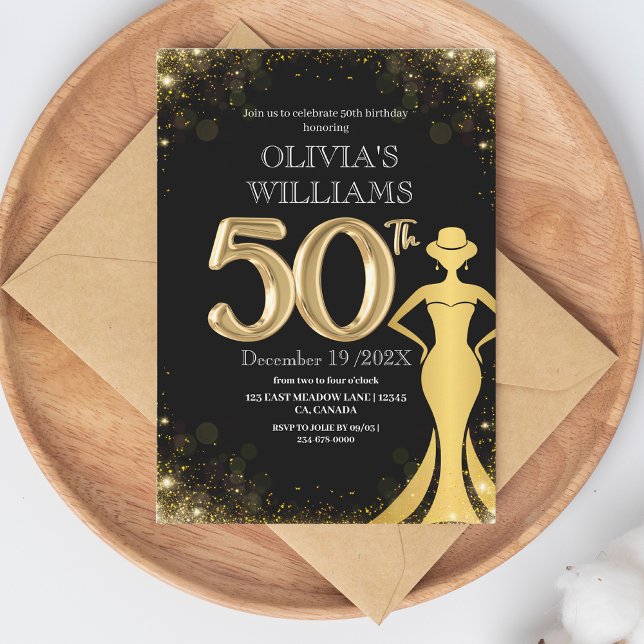 Invitation Moderne 50e Anniversaire Chic Black Gold robe bril (Créateur téléchargé)
